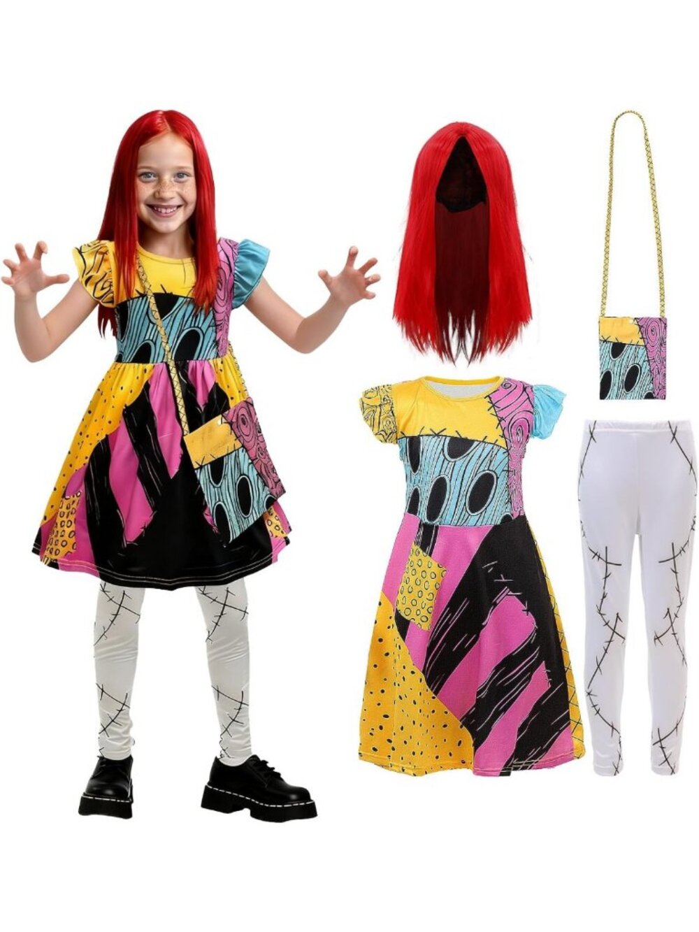 4PCS Kids Halloween Sally Costume Set - Girls Christmas Dress & Wig Outfit